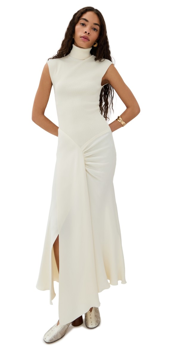 Victoria Beckham Cap Sleeve Knit Detail Midi Dress Cream