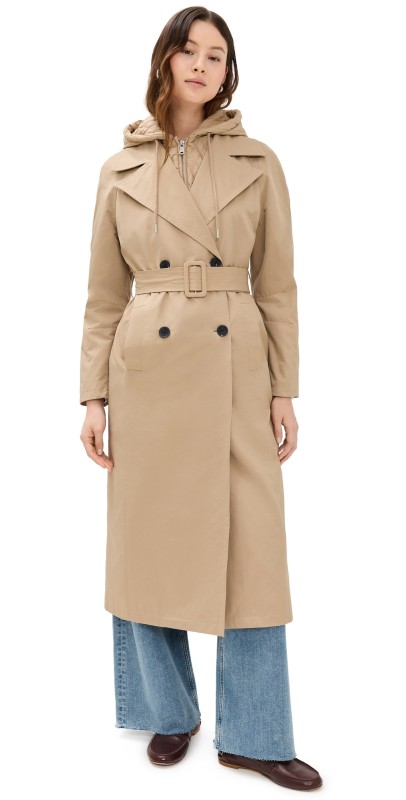 Avec Les Filles Coat Maxi Trench with Quilted Bib Insert Khaki
