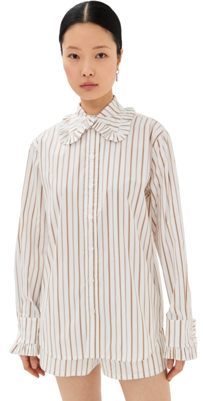 Tanner Fletcher Pippa Stripe Ruffle Button Down Shirt Brown Stripe