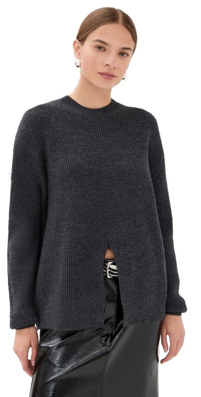 Tibi Cardigan Stitch Split Front Crew Neck Easy Pullover Dark Heather Grey