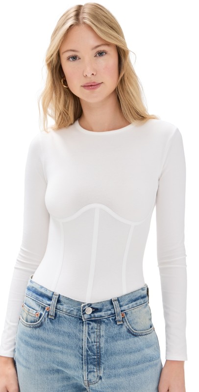 Fleur du Mal Cotton Long Sleeve Thong Bodysuit Ivory