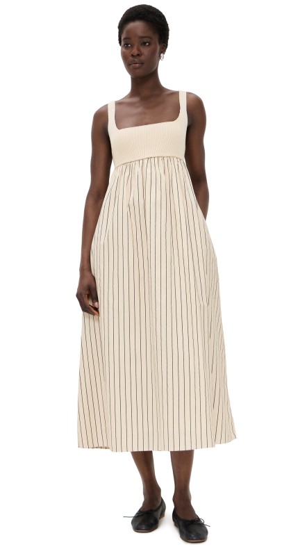 English Factory Tie Back Knit Combo Striped Dress Tan Stripe