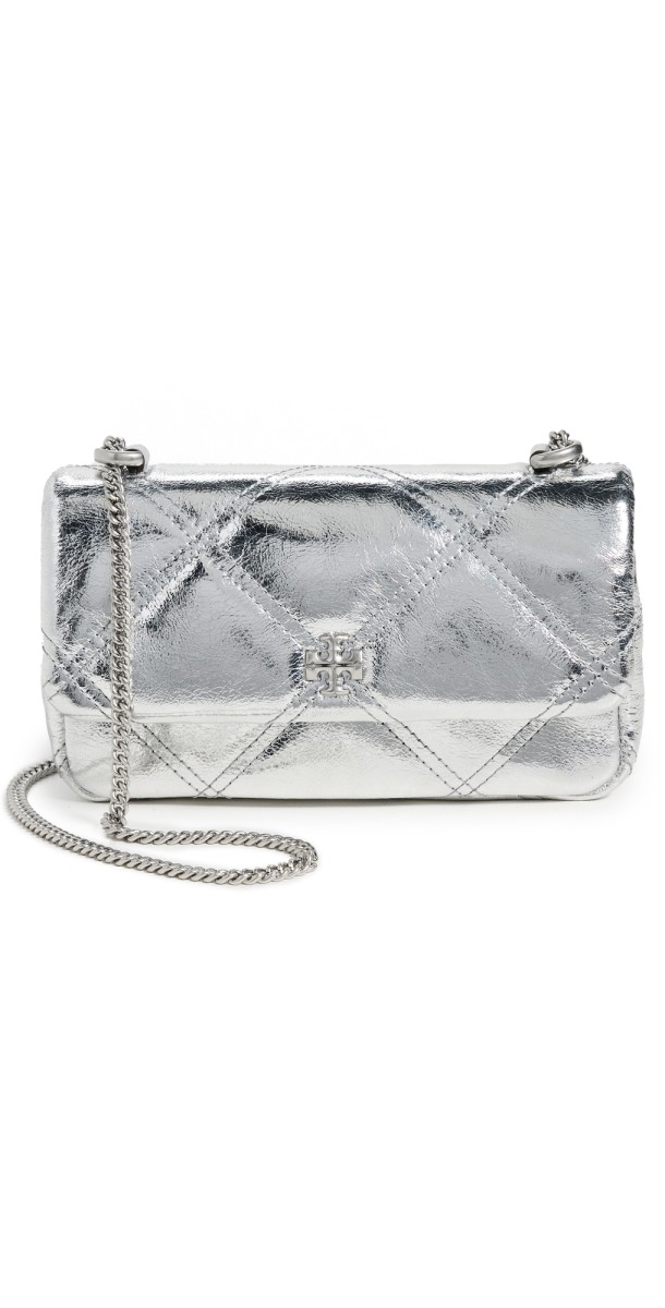Tory Burch Kira Diamond Quilt Metallic Mini Flap Bag Silver
