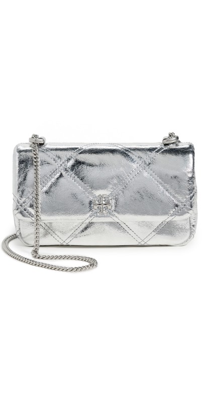 Tory Burch Kira Diamond Quilt Metallic Mini Flap Bag Silver