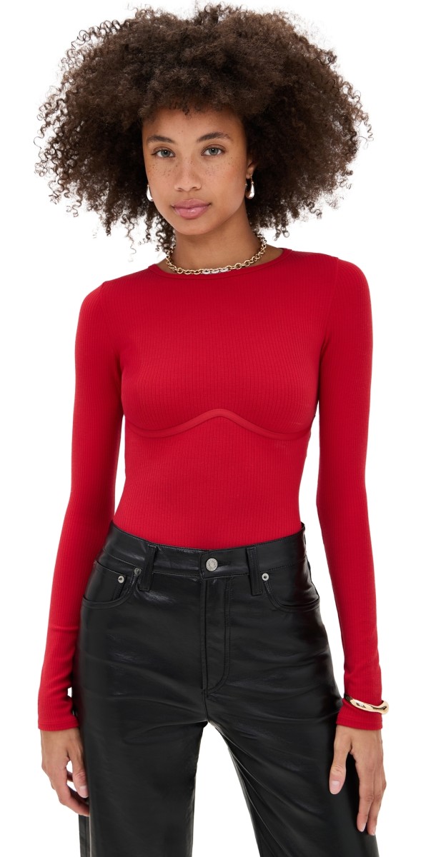Fleur du Mal Hourglass Rib Long Sleeve Thong Bodysuit Rouge