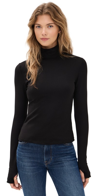 Susana Monaco Mock Neck Thumb Hole Long Sleeve Tee Black