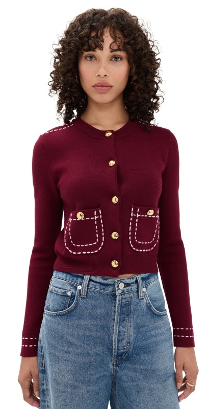 English Factory Stitch Detail Puff Sleeve Cardigan Burgundy/Pink