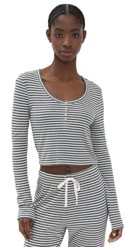 Z Supply Constance Stripe Long Sleeve Top Light Oatmeal Heather