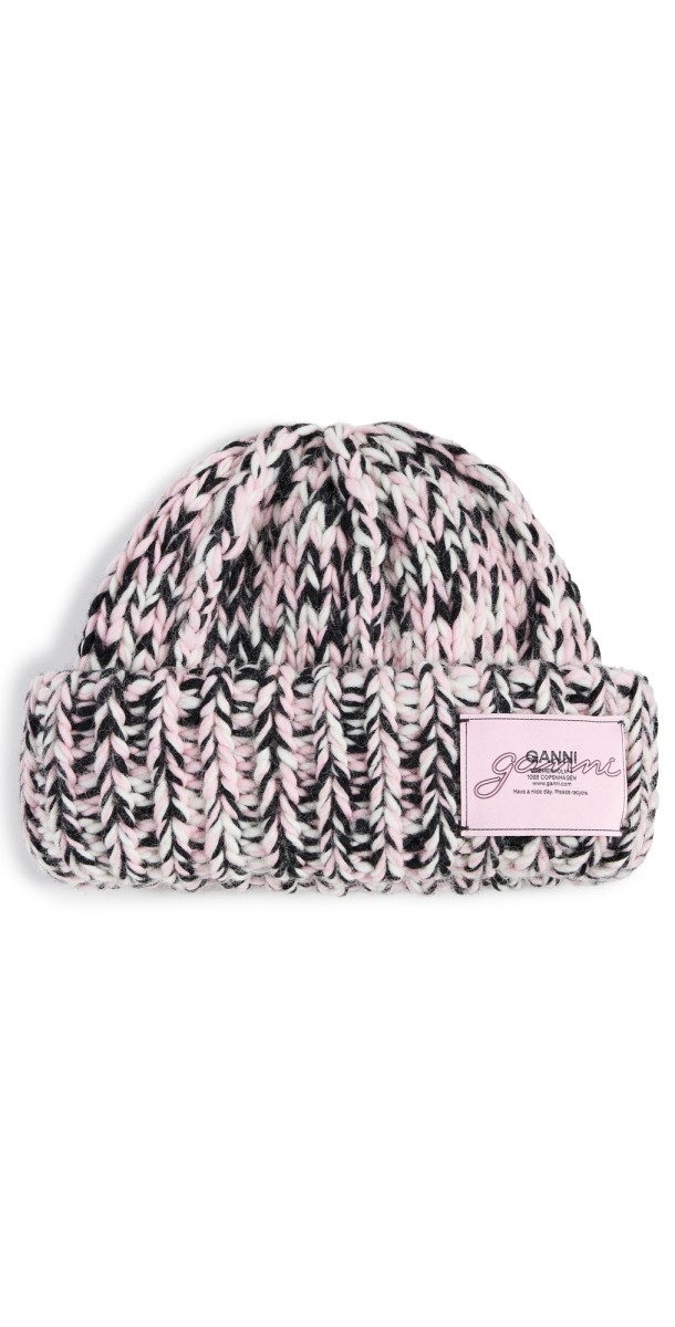 GANNI Graphic Wool Handknit Beanie Chalk Pink