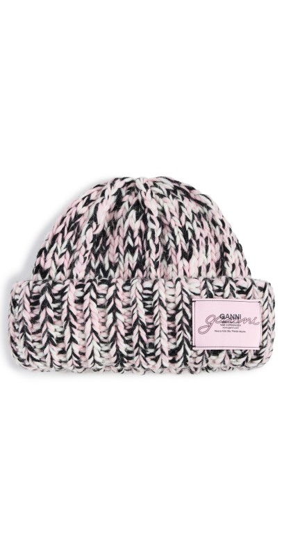GANNI Graphic Wool Handknit Beanie Chalk Pink