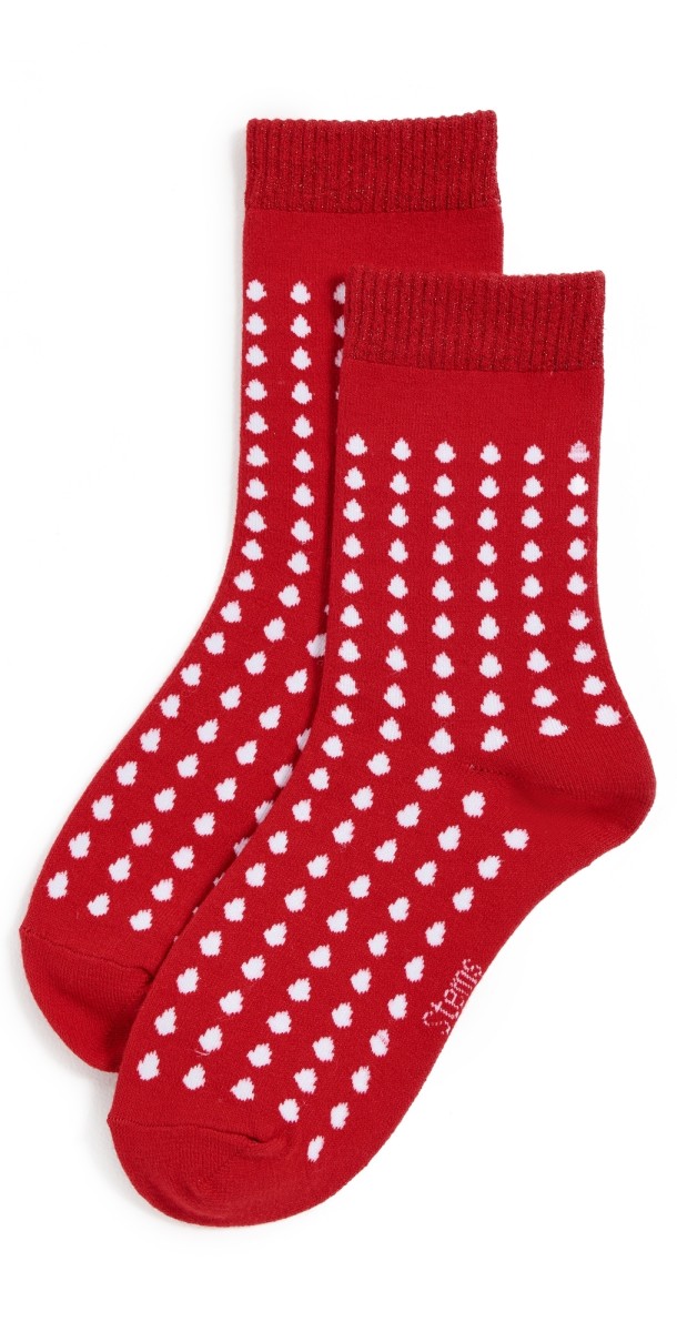 Stems Dots Crew Socks Red Whit