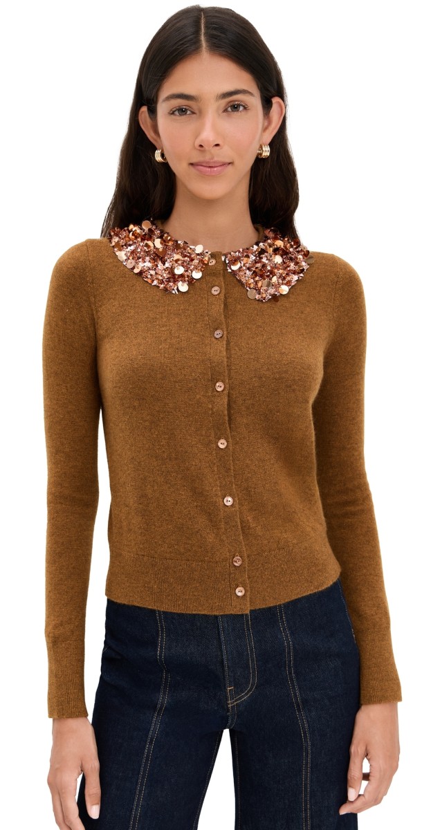 Ulla Johnson Margaux Embroidered Cashmere Cardigan Umber