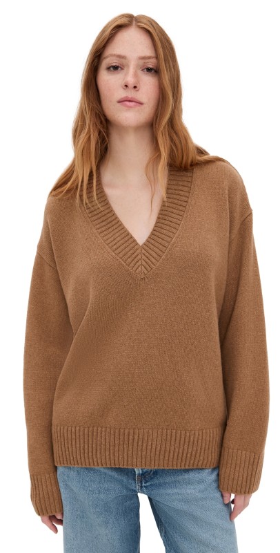 Reformation Jadey Cashmere Oversized V-Neck Sweater Camel