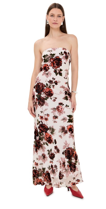 Rodarte Floral Velvet Devoré Strapless Gown White