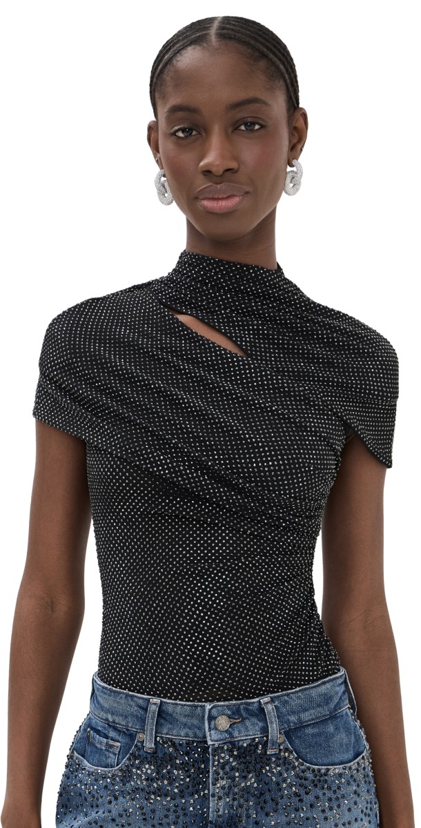 Self Portrait Rhinestone Mesh Cut Out Top Black