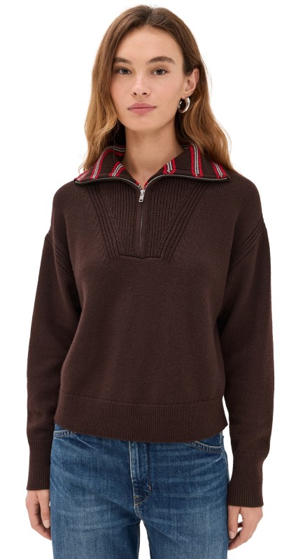 La Ligne Bastien Sweater With Striped Collar Chocolate/Poppy/Cream