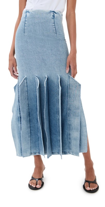 A. W.A. K.E. MODE Denim Skirt with Panel Detail Mid Blue
