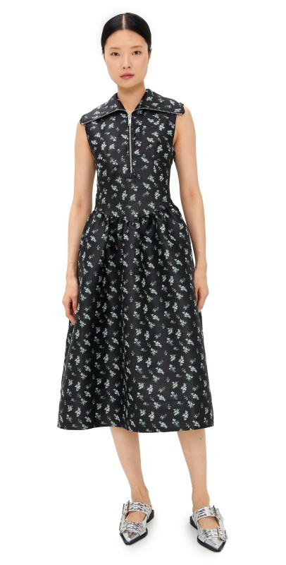 GANNI Floral Jacquard Midi Dress Black