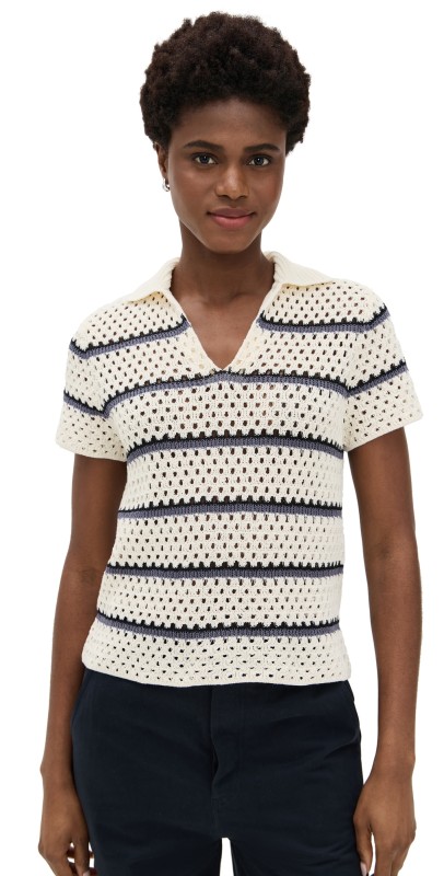 Vince Macrame Stripe Henley Tee Off White Combo