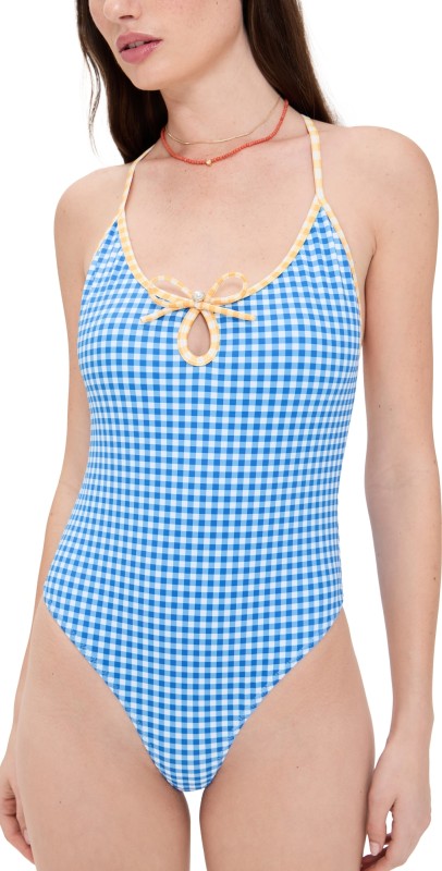 CAROLINE CONSTAS Gillian Keyhole One Piece Ultramarine Gingham