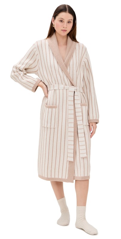 Barefoot Dreams CozyChic Cotton Pinstripe Robe Cream/Tan