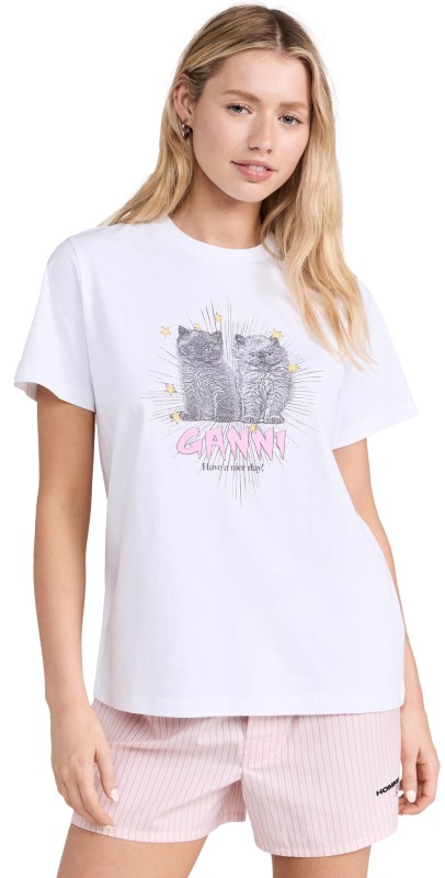 GANNI Basic Jersey Kittens Relaxed T-shirt Bright White