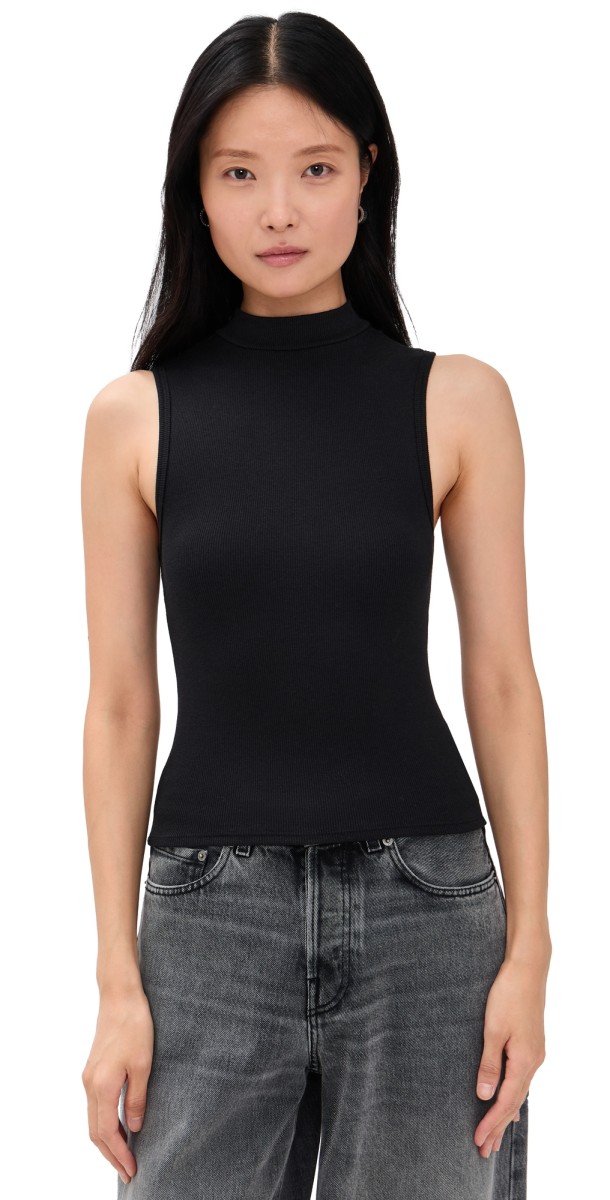 perfectwhitetee Luxe Rib Sleeveless Mock Neck Tank True Black
