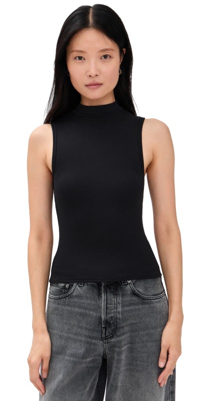 perfectwhitetee Luxe Rib Sleeveless Mock Neck Tank True Black