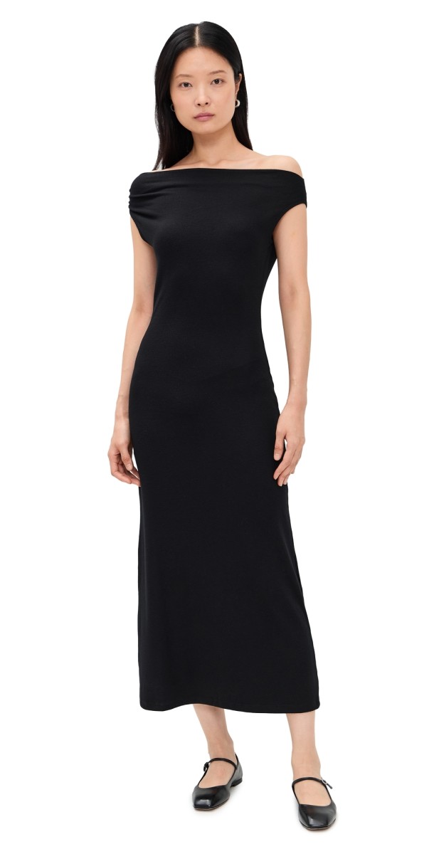Leset Lauren Ruched Asymmetrical Shoulder Dress Black