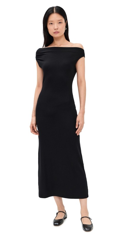 Leset Lauren Ruched Asymmetrical Shoulder Dress Black