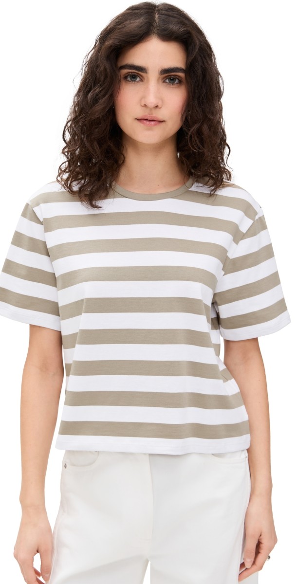 Theory Boxy Crew Ms. Wide Striped Tee Taupe Multi