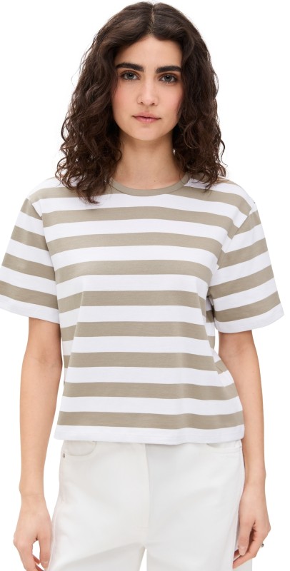 Theory Boxy Crew Ms. Wide Striped Tee Taupe Multi