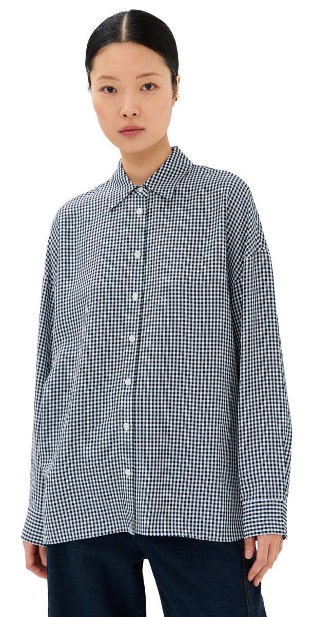 Tibi Viscose Gingham Oversized Shirt Navy/White Multi