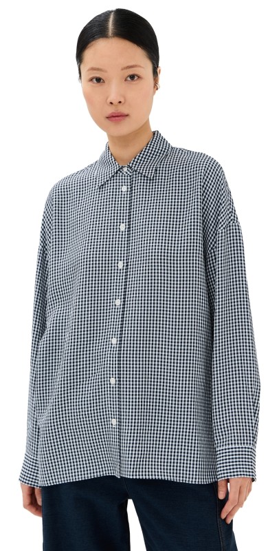 Tibi Viscose Gingham Oversized Shirt Navy/White Multi