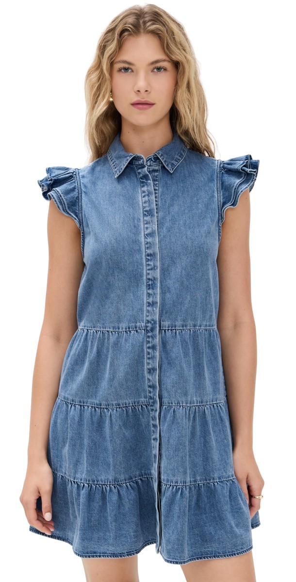 alice + olivia Jem Denim Tiered Mini Dress Light Chambray