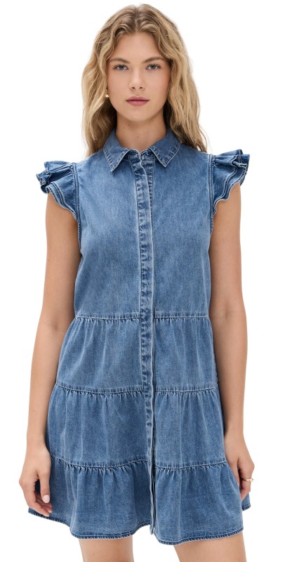 alice + olivia Jem Denim Tiered Mini Dress Light Chambray