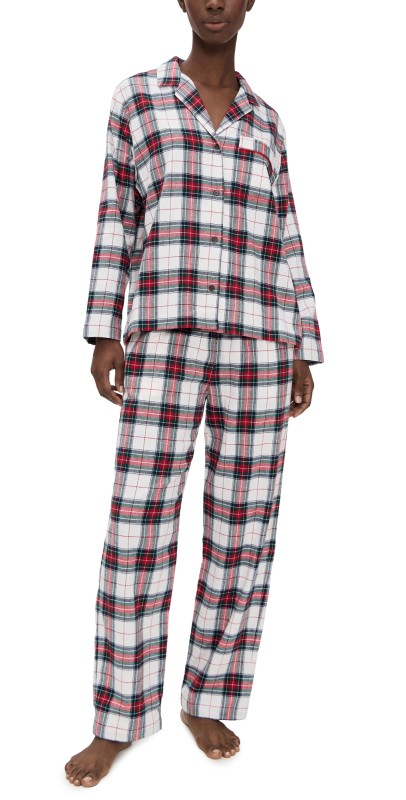 Eberjey Flannel Long Pajama Set Tartan Plaid Ivory/Holly Red