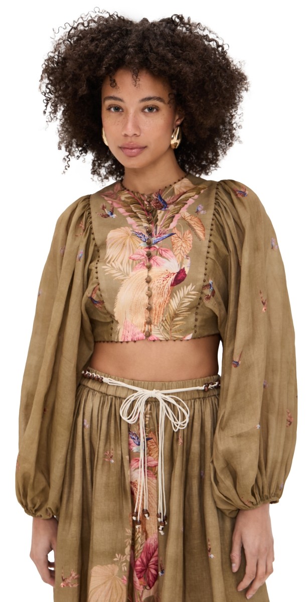 Zimmermann Ascension Cropped Bodice Top Khaki Palm Floral