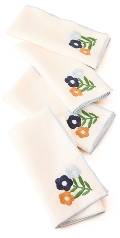 Misette Floral Embroidered Linen Napkins Set of 4 Floral/Dark Blu