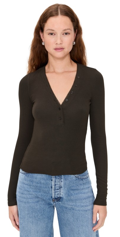FRAME The Mesh Trim Rib Henley Coffee Heather