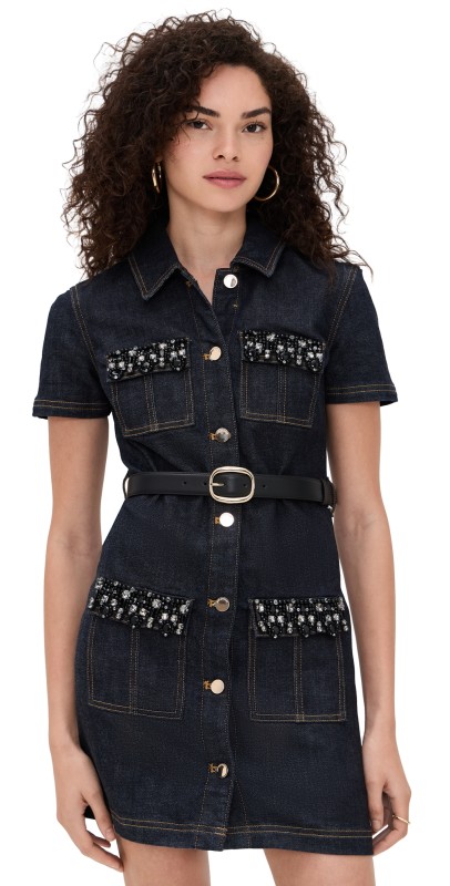 Self Portrait Indigo Denim Crystal Trim Mini Dress Blue
