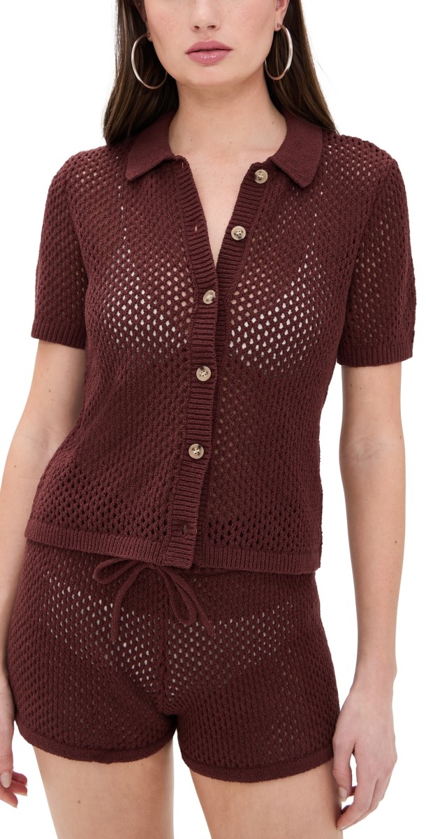 Onia Crochet Knit Button Up Rum