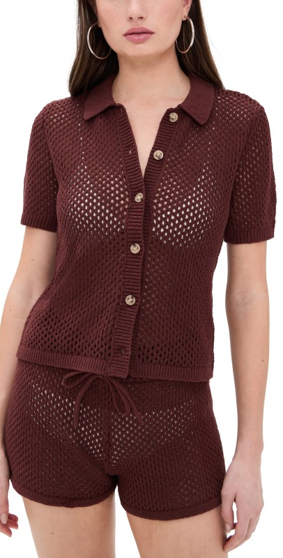 Onia Crochet Knit Button Up Rum