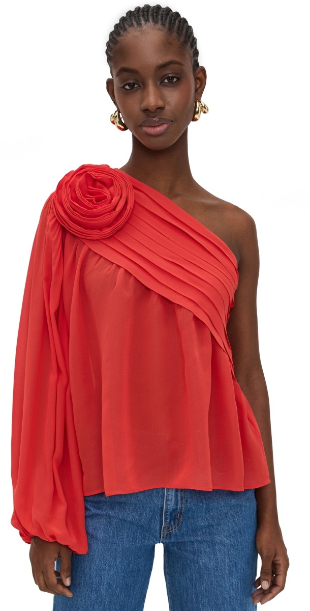 FARM Rio Red Rose One Shoulder Blouse Red