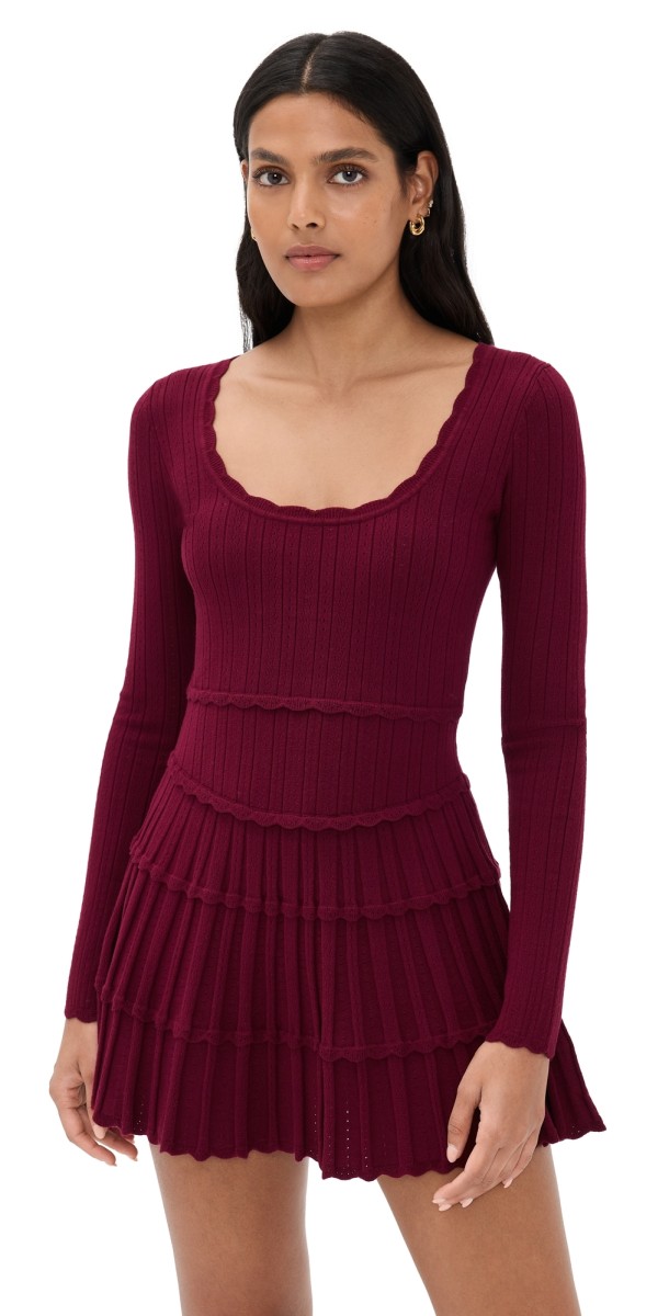 LoveShackFancy Lavender Long Sleeve Pointelle Sweater Minidress Spiced Berry