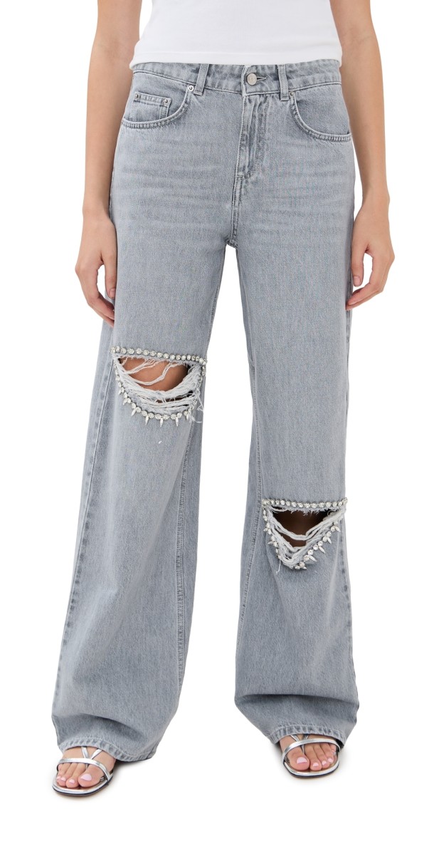 AREA Distressed Crystal Relaxed Slit Jeans Light Grey