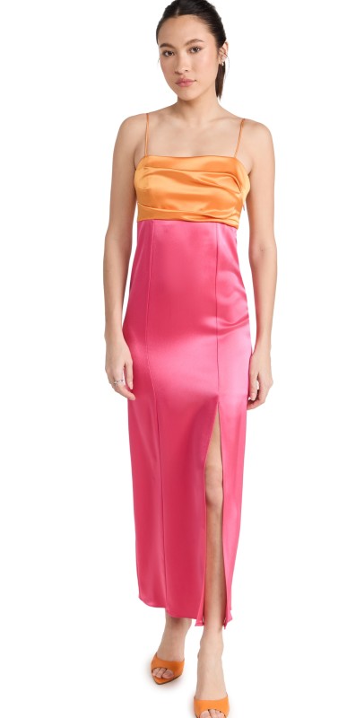 alice + olivia Lilita Drape Bust Midi Dress Tangerine/Candy