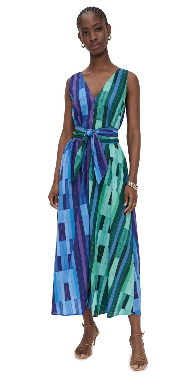 Natalie Martin Collection Tova Maxi Dress with Matching Sash Belt Sea Glass Cotton Green/Blue