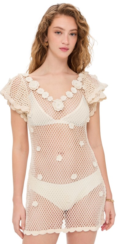 For Love & Lemons Betty Bouquet Knit Mini Dress Cream
