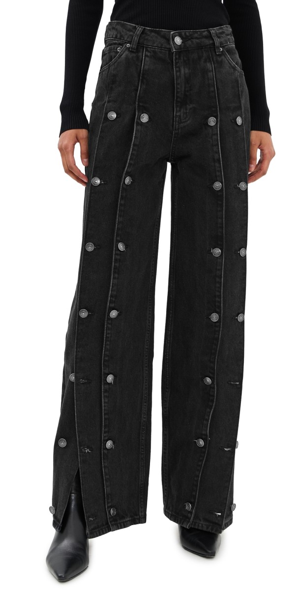 ROTATE Button Detail Wide Jeans Black Denim